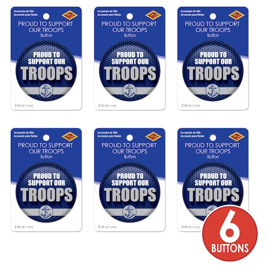 Beistle 2" Blue Proud To Support Our Troops Buttons, 6ct.
